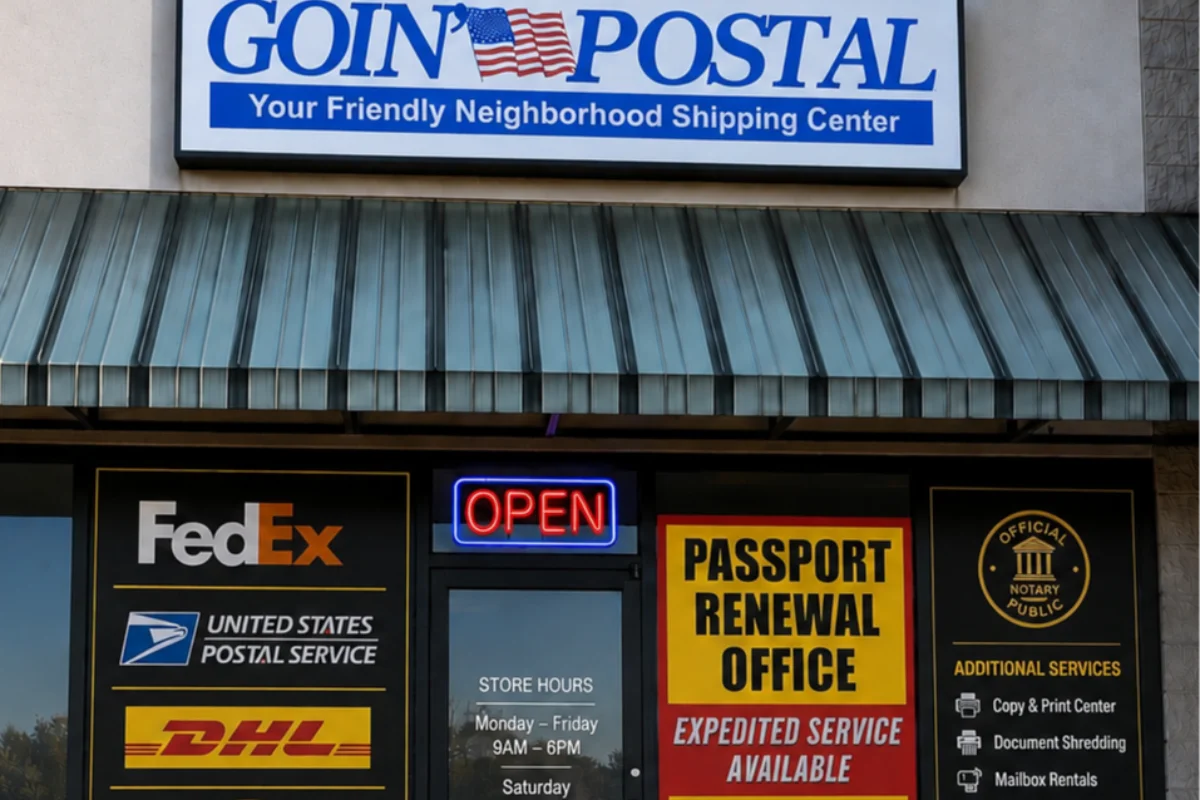Exterior of Goin' Postal Plainwell shipping center in Plainwell, MI