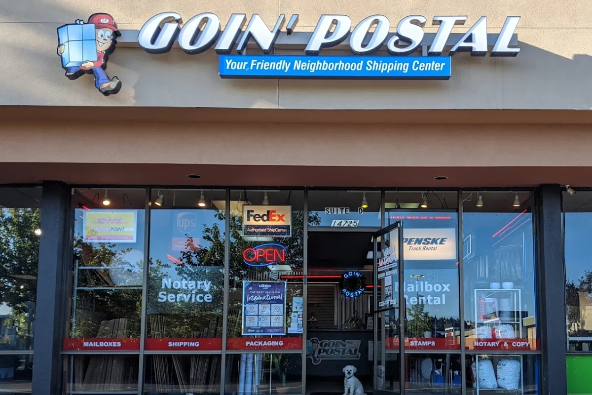 Exterior of Goin' Postal Bellevue shipping center in Bellevue, WA