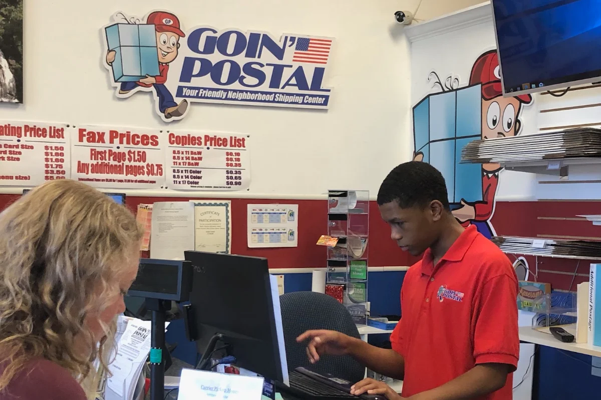 Interior of Goin' Postal Whitsett shipping center in Whitsett, NC