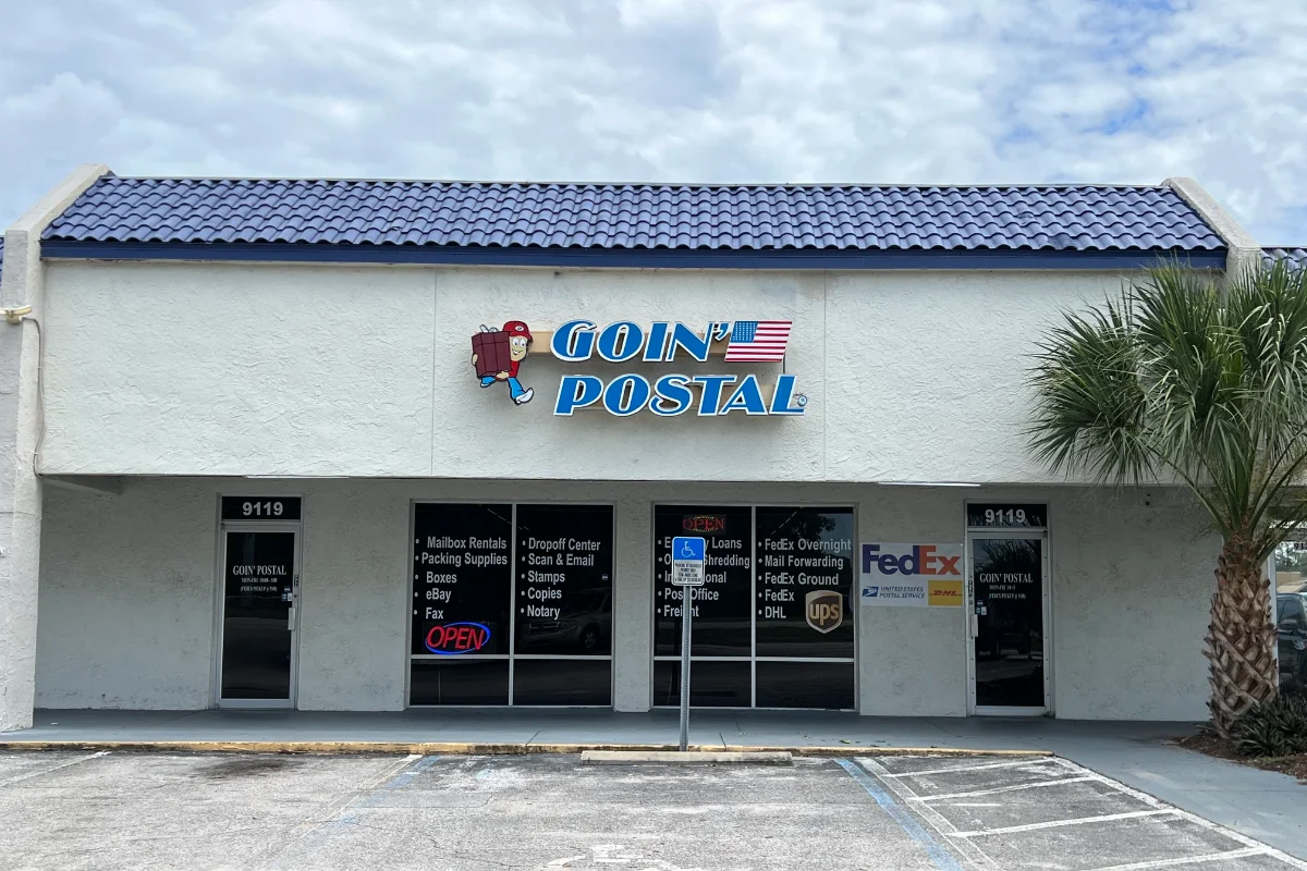 Exterior of Goin' Postal New Port Richey shipping center in New Port Richey, FL