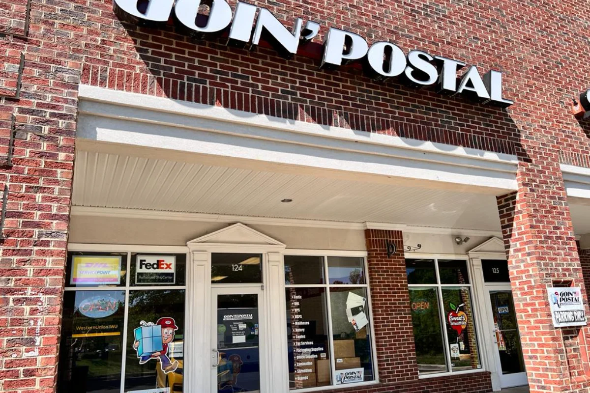 Exterior of Goin' Postal Morrisville shipping center in Morrisville, NC
