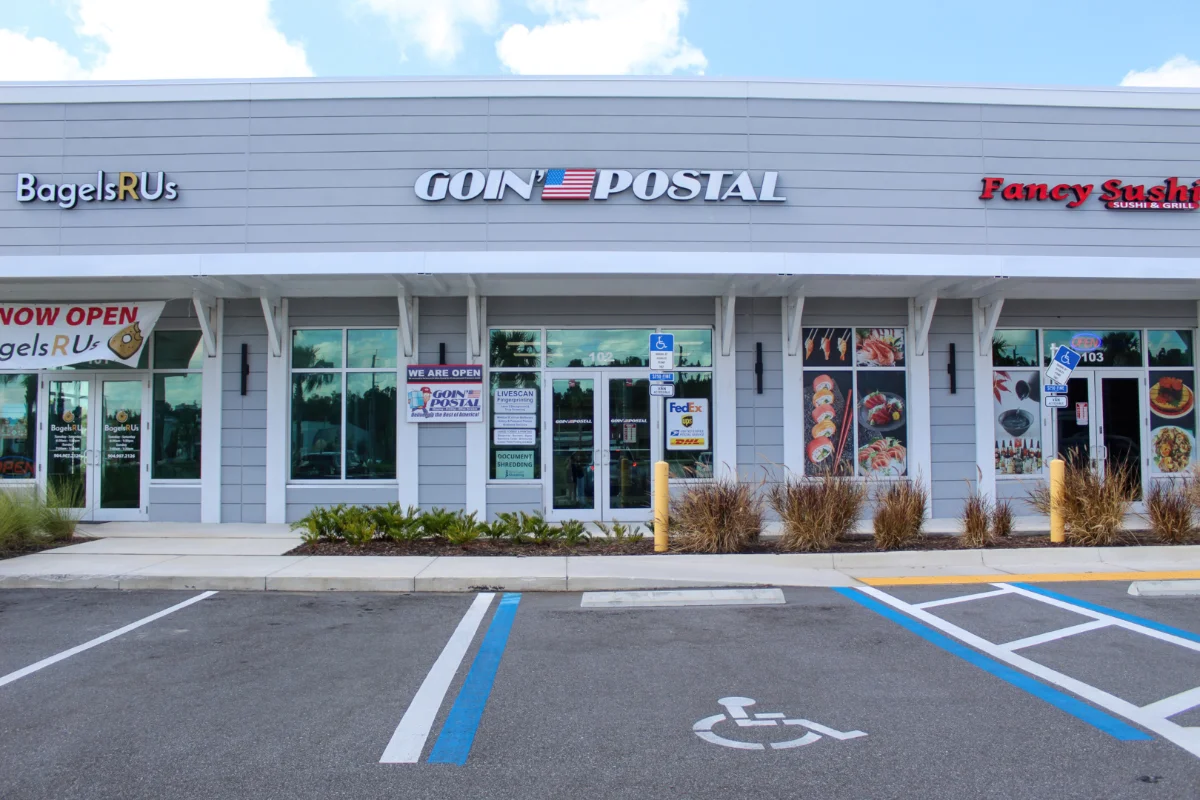 Exterior of Goin' Postal St. Johns shipping center in St Johns, FL