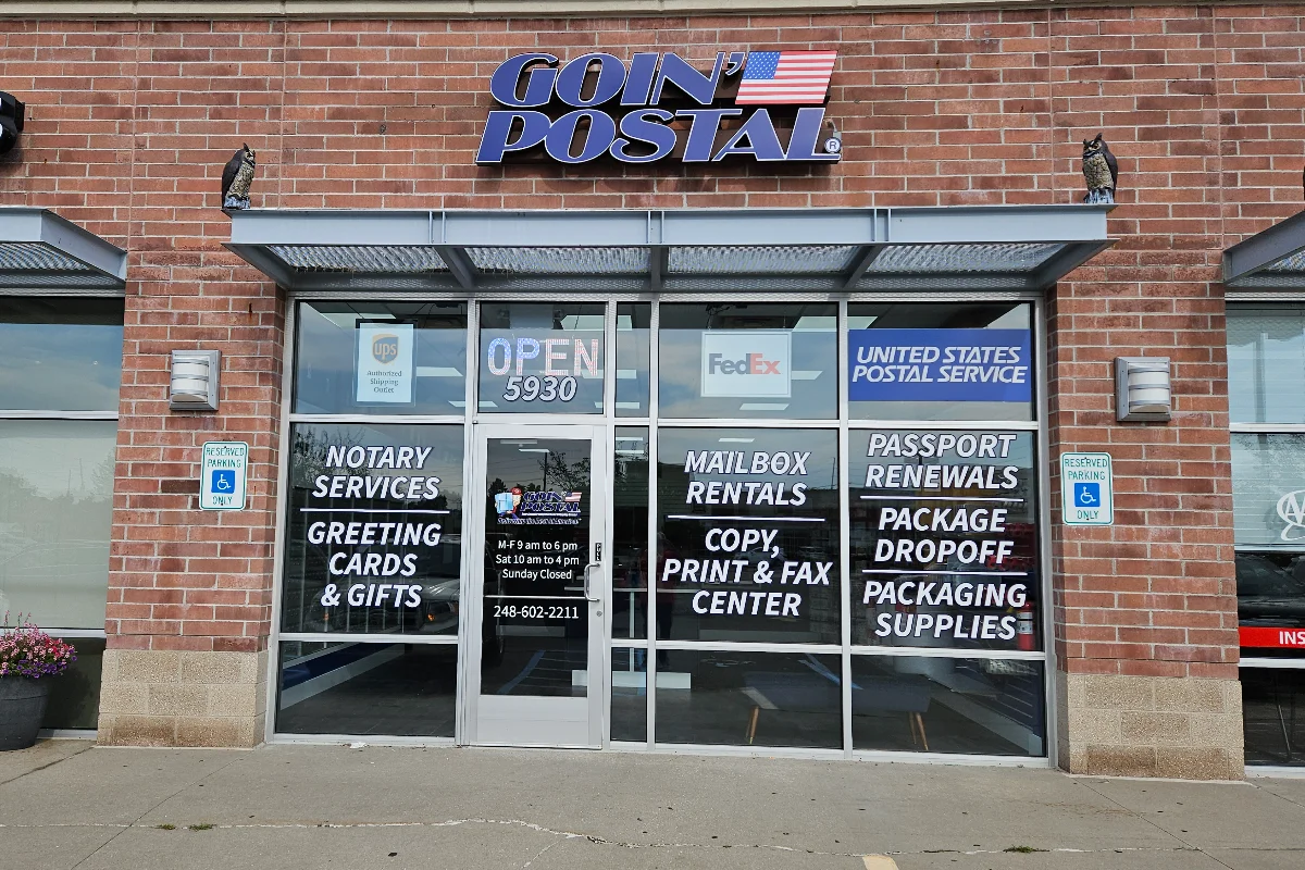 Exterior of Goin' Postal Clarkston shipping center in Clarkston, MI